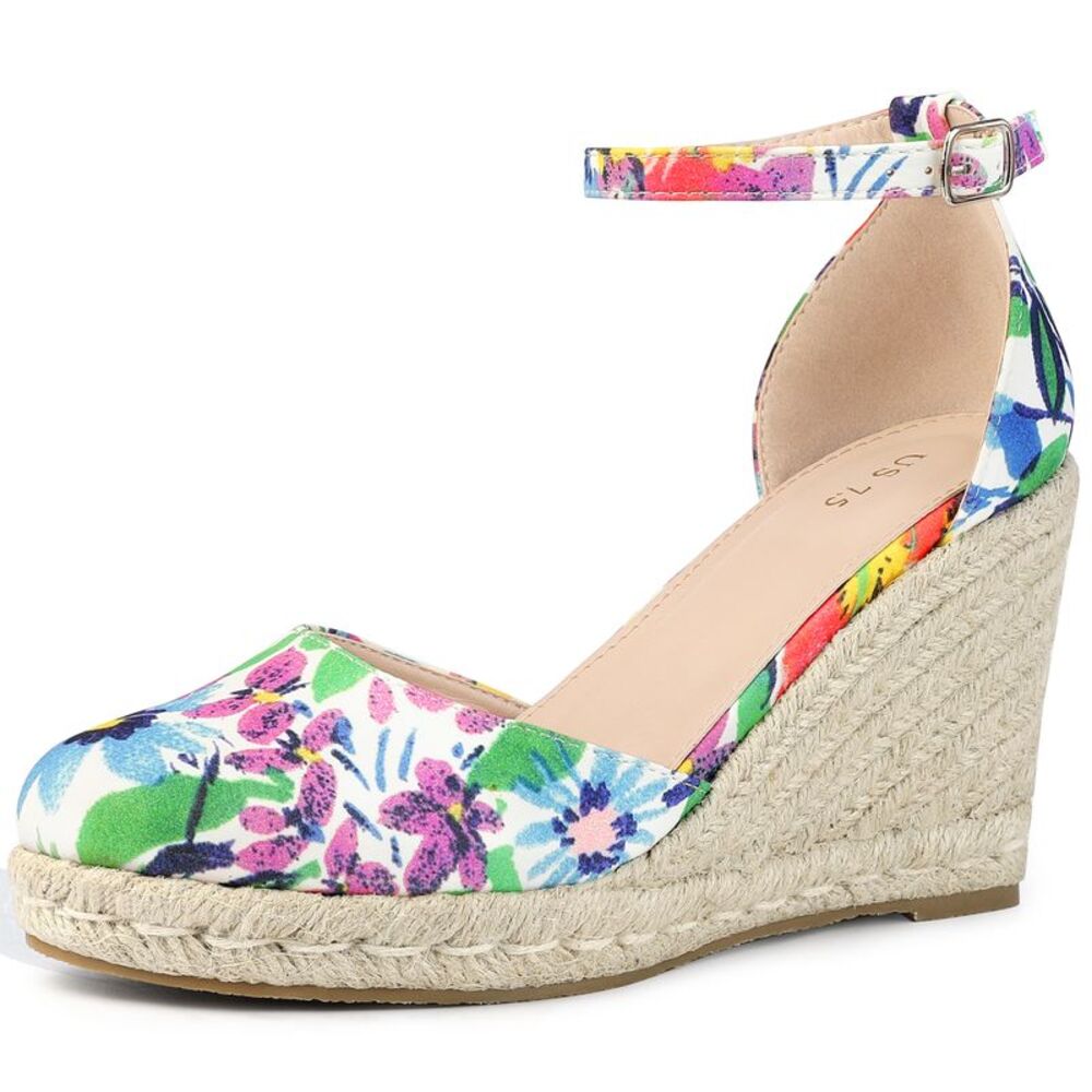 Platform Espadrilles Closed Toe Cheetah Wedge Heel Sandals, Blue White